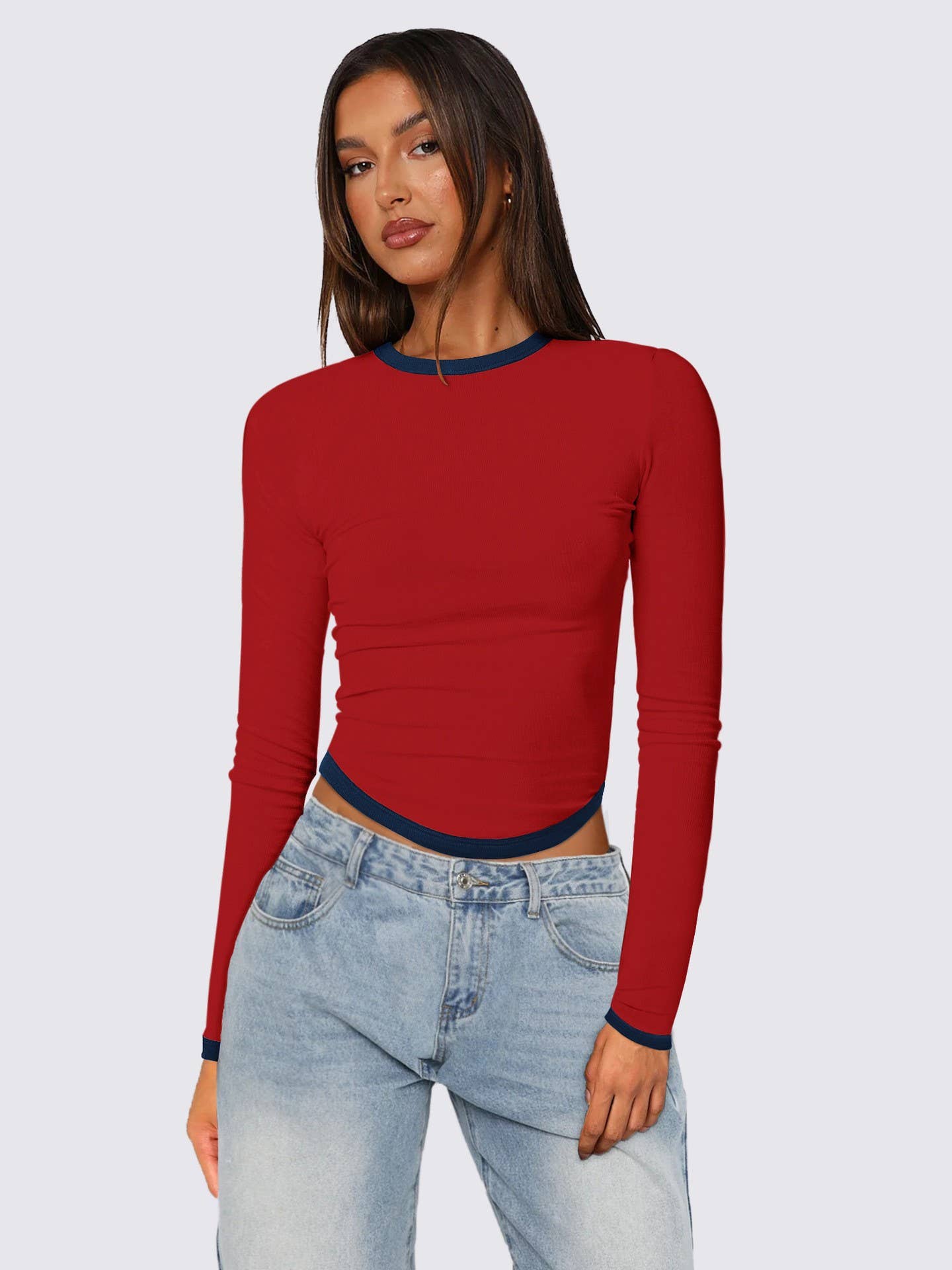 LONG SLEEVE ROUND NECK SLIM-FIT COLOR SHORT TOP