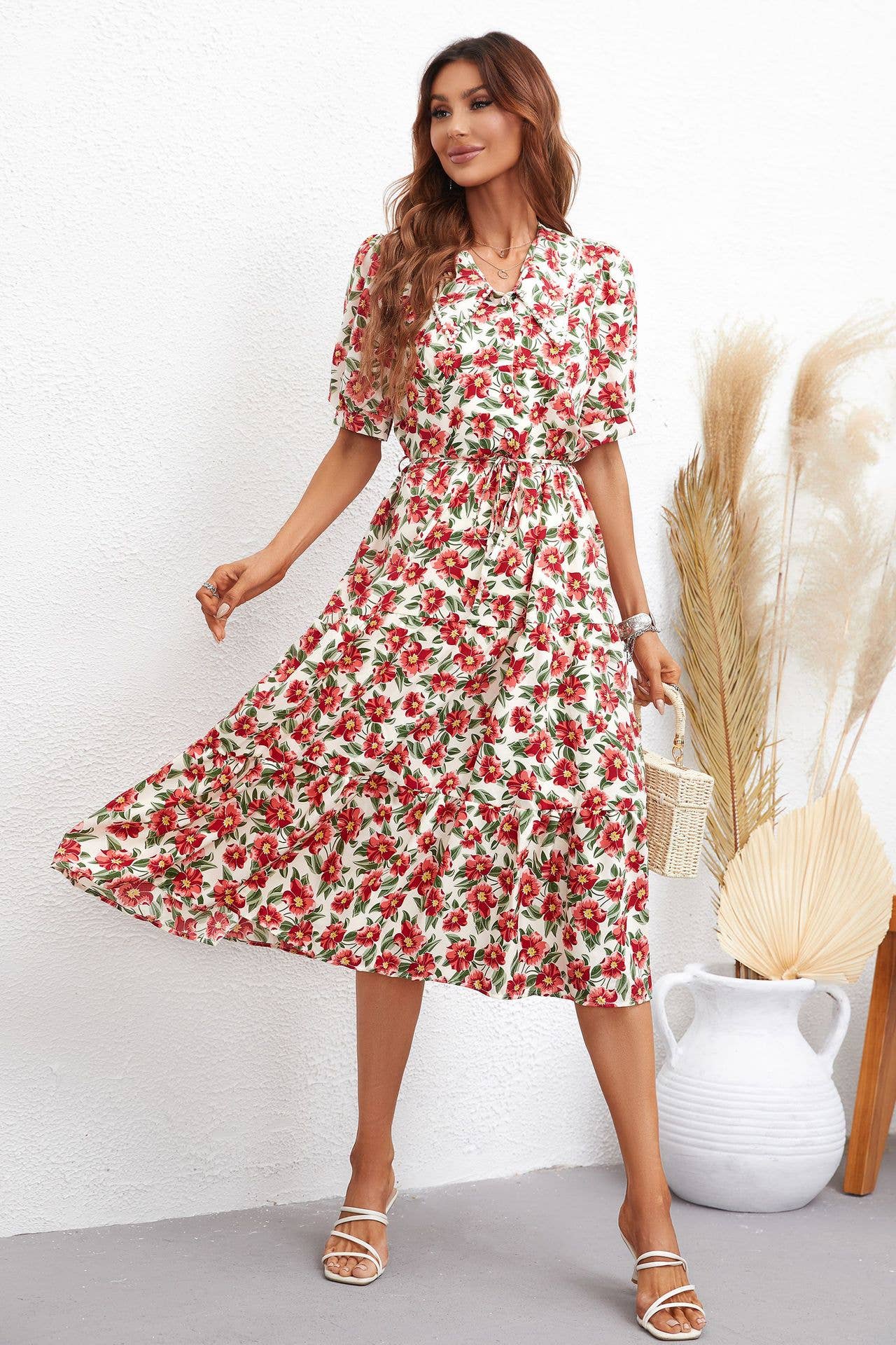 LAPEL FASHION PRINT WAIST DRAW-IN LONG DRESS