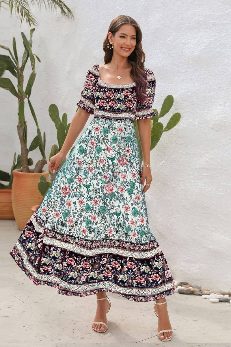 CWDMD2149_PRINTED ONE SHOULDER PUFF SLEEVE MIDI DRESS