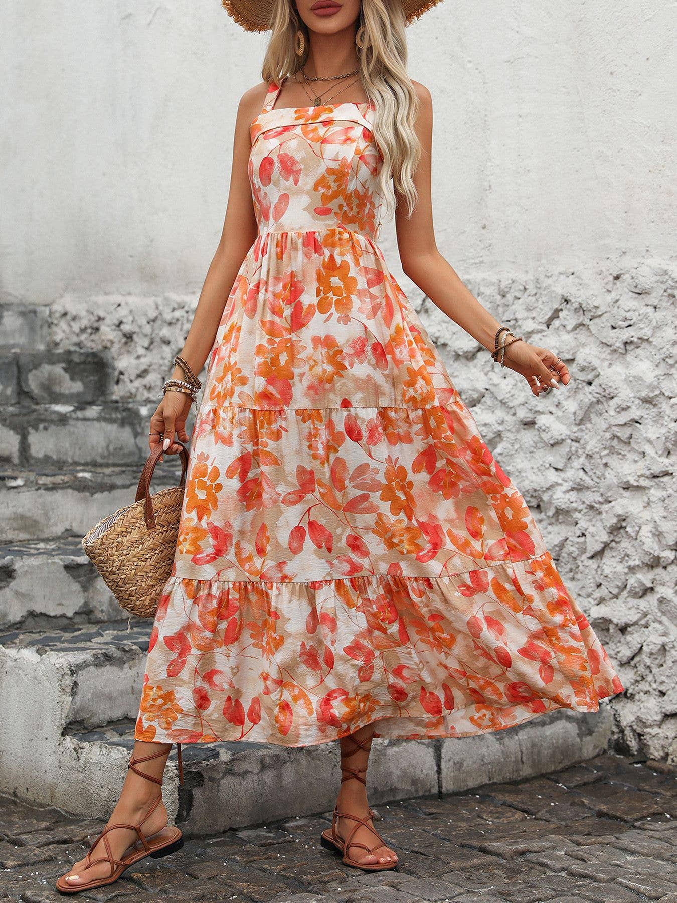 V-neck halter dress sweet spicy floral prints