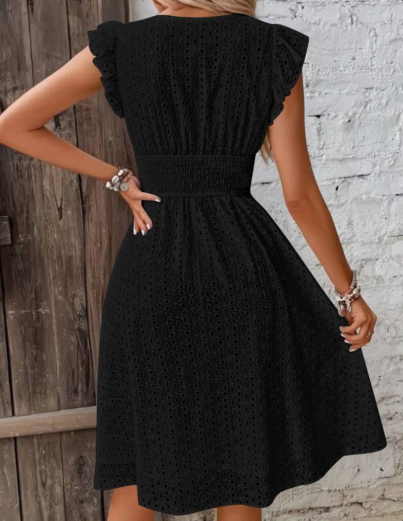 V-neck hollowed-out floral cinched-waist dress