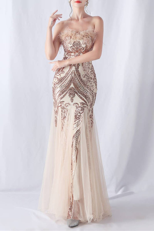 CWDMD3628_FURRY STRAPLESS SEQUIN EVENING DRESS LONG