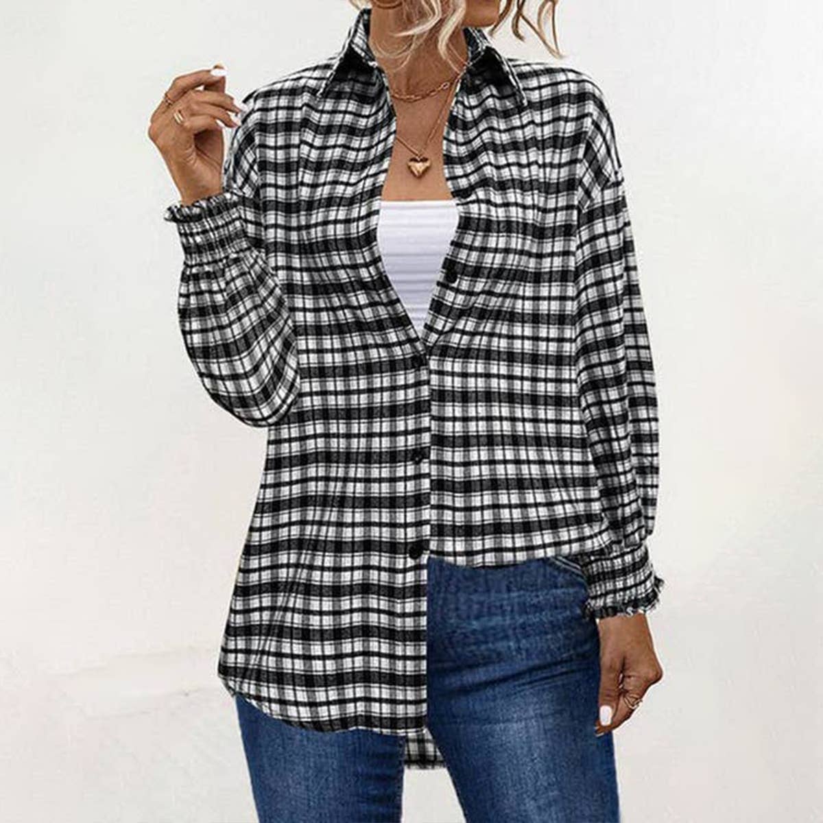 Temperament loose puffed sleeve plaid shirt