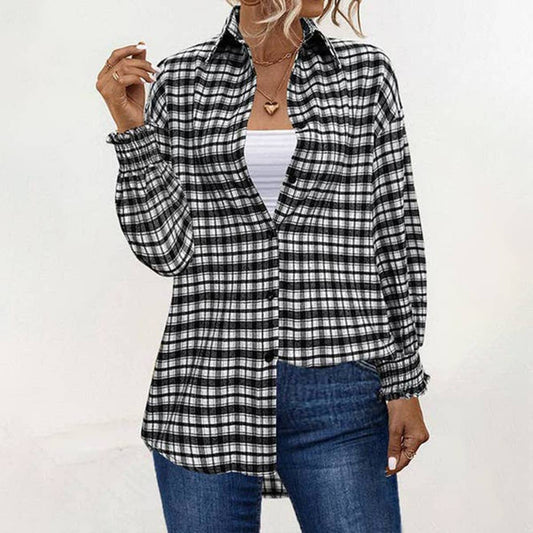 Temperament loose puffed sleeve plaid shirt