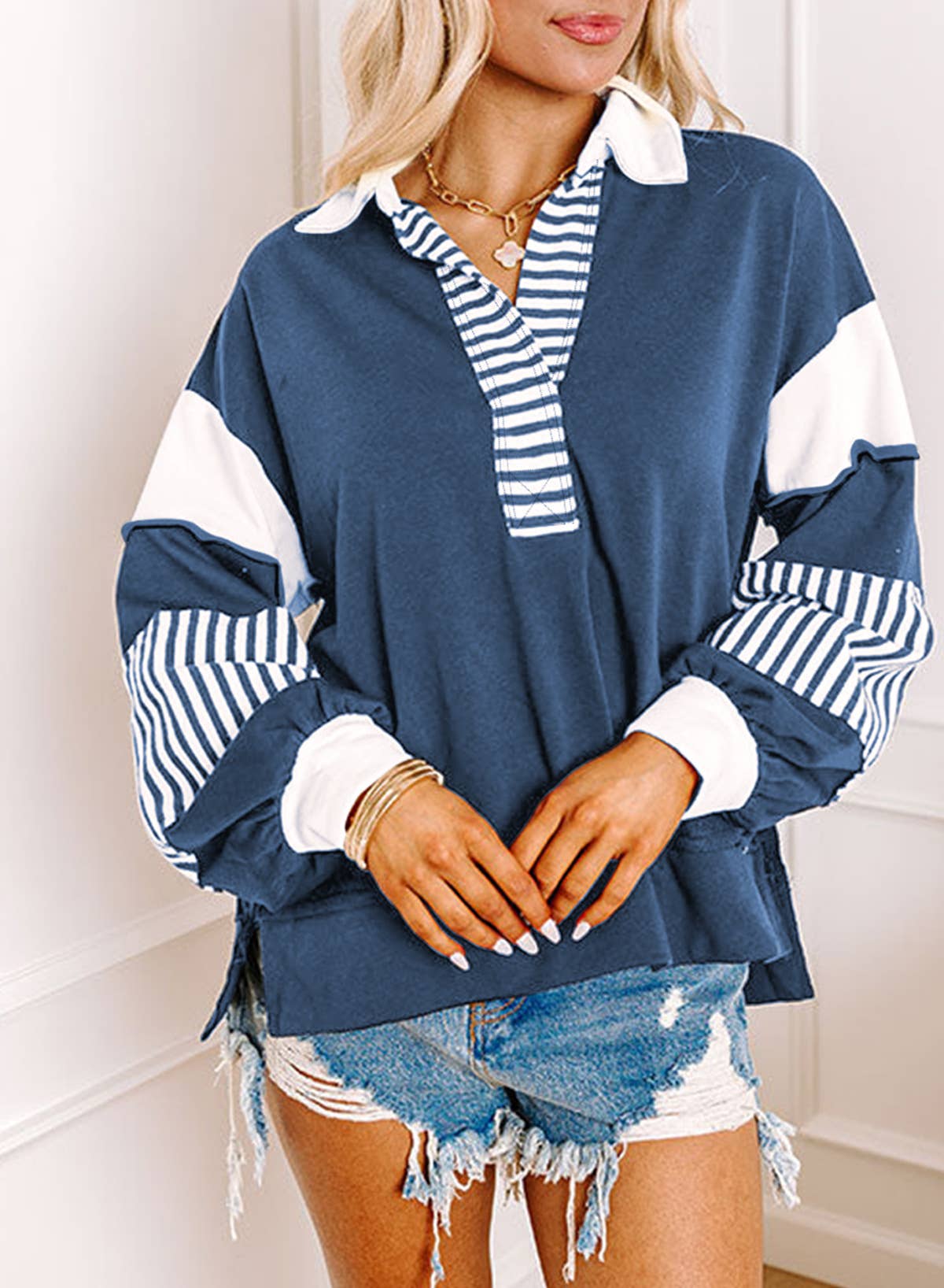 Deep V-Neck Striped And Colored-Color Hoodie