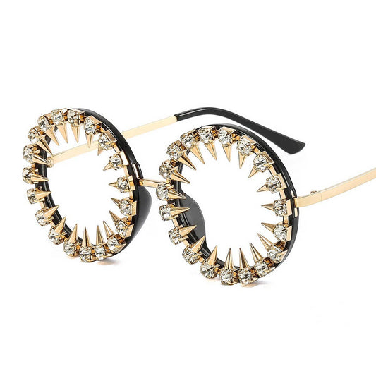 RETRO ROUND FRAME RHINESTONE METAL RIVET GLASSES_CWASG0783