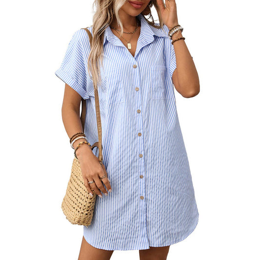 Short-sleeved striped cotton linen dress