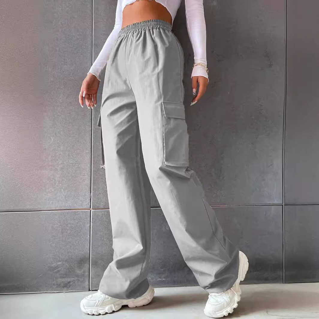 SOLID COLOR HIGH-WAISTED POCKET CARGO PANTS