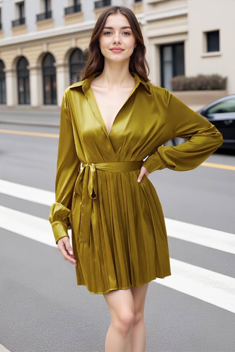 CWDSD10675_LONG SLEEVE POLO NECK BELTED PLEATED DRESS