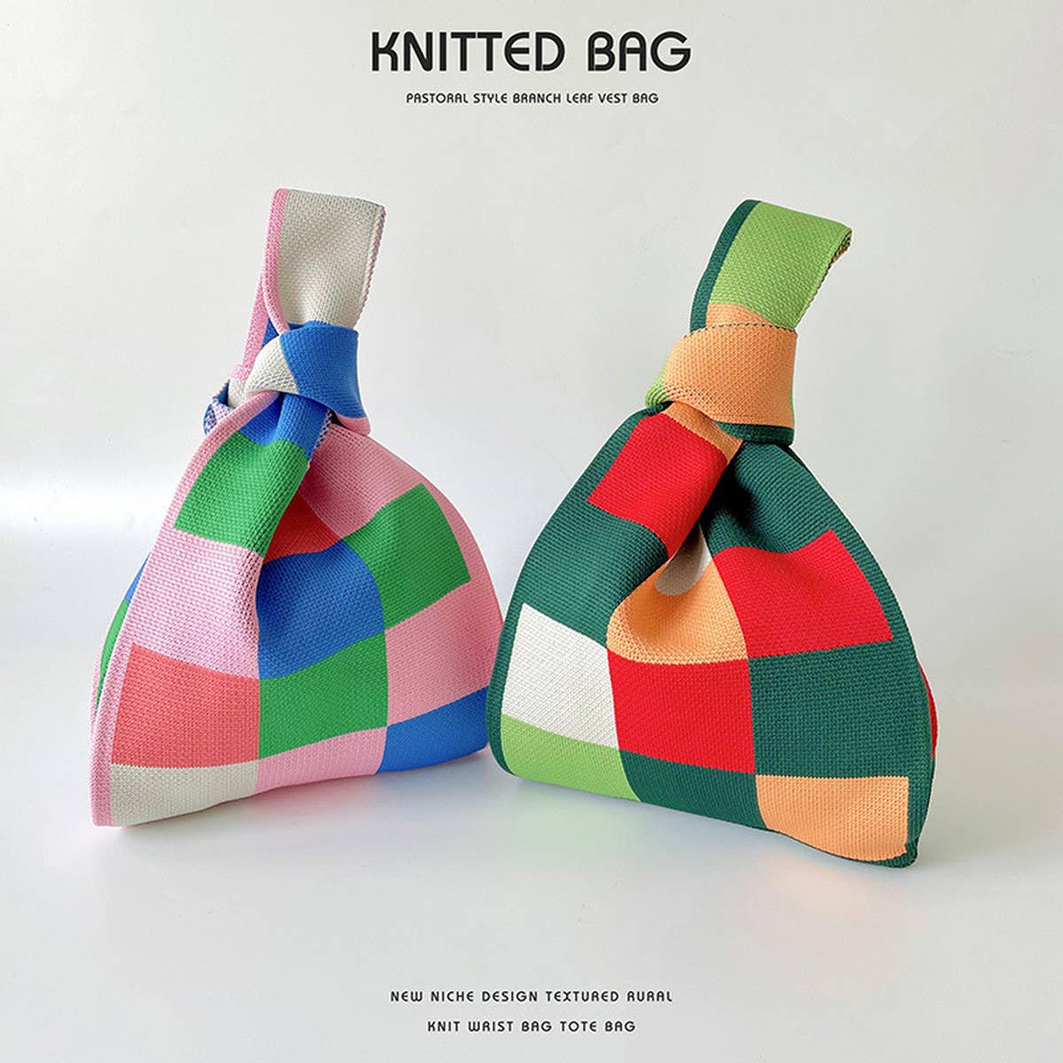 PINK AND GREEN CHECKERBOARD KNIT TOTE BAG_CWAB2394