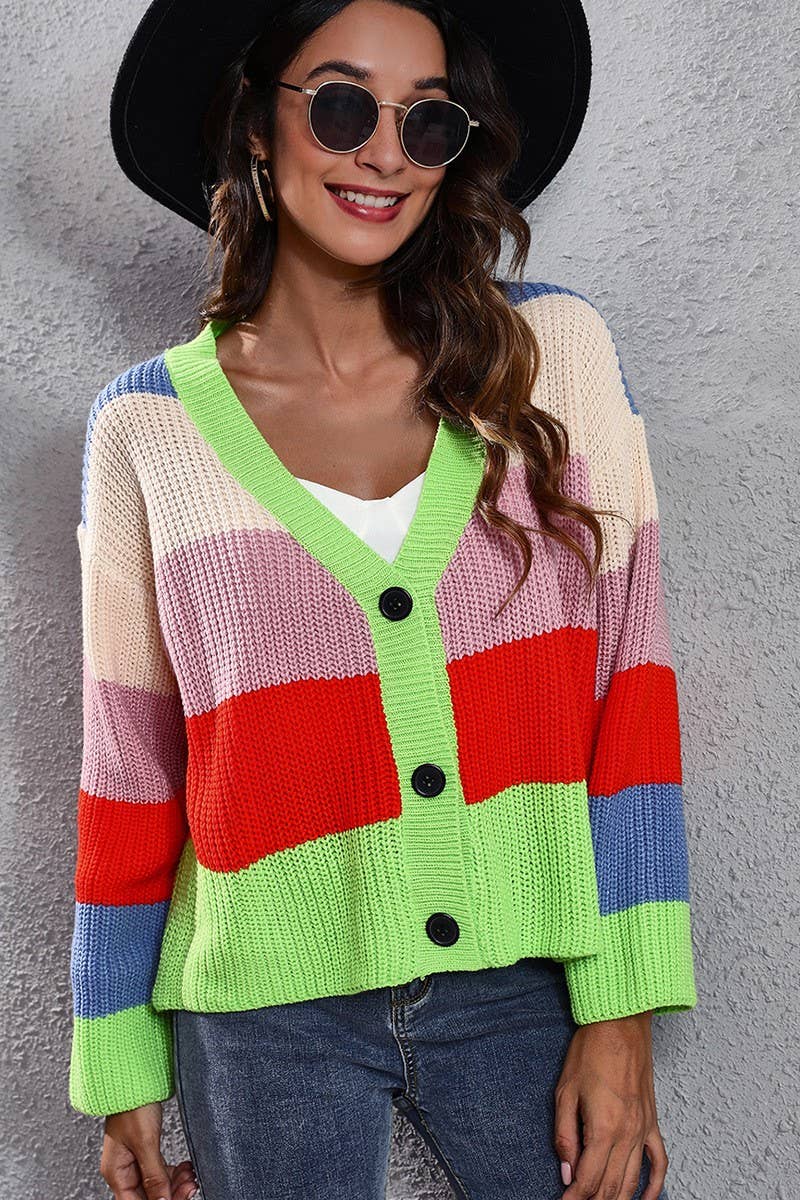 CWOCAL1224_CONTRAST RAINBOW STRIPES LOOSE KNIT CARDIGAN
