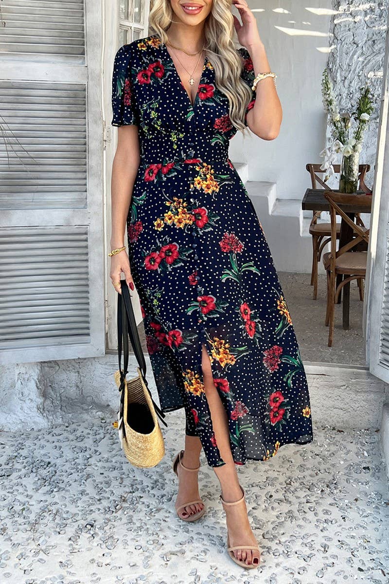 CWDMD5354_SUMMER SEXY DEEP V PRINTED SHORT SLEEVE DRESS