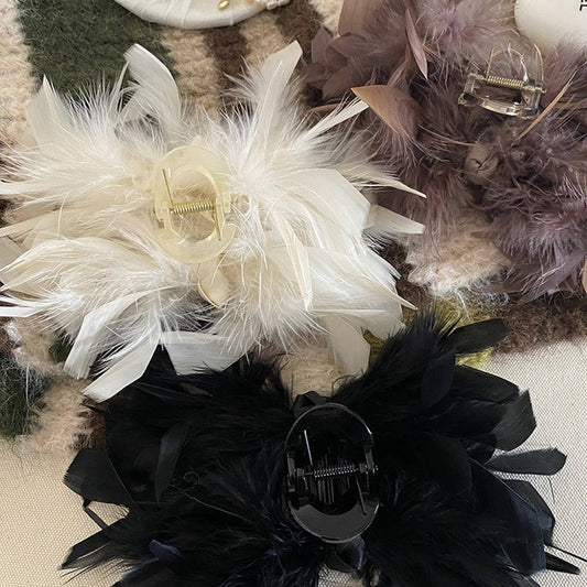 French Ostrich Feather Hair Claw Fluffy Large Clip
