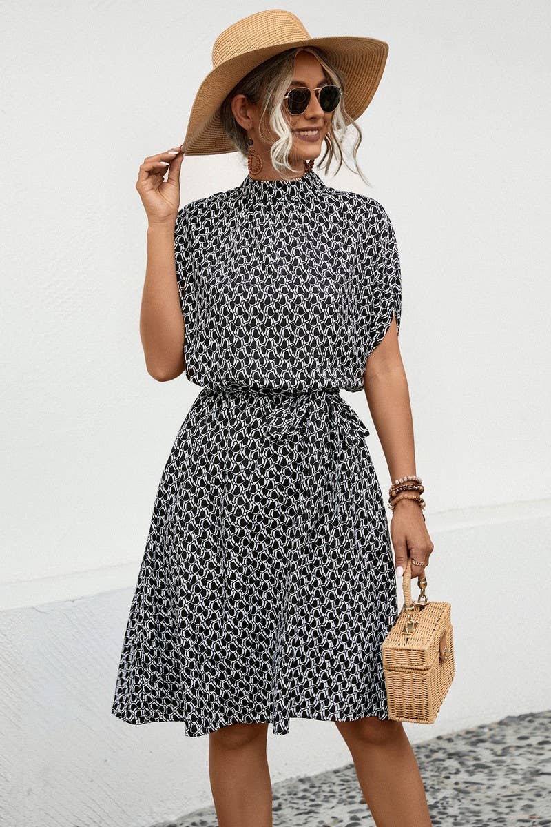 CWDSD4877_ROUND NECK PRINTED BATWING SLEEVE DRESS