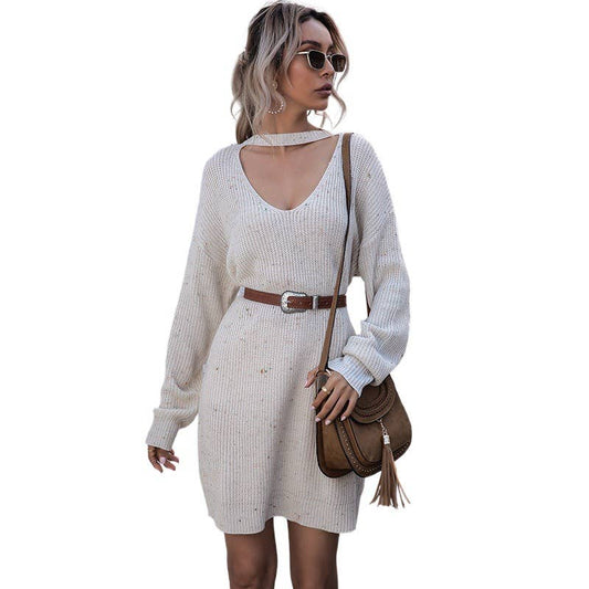 PULLOVER BIG V-NECK HOLLOW KNIT SWEATER DRESS