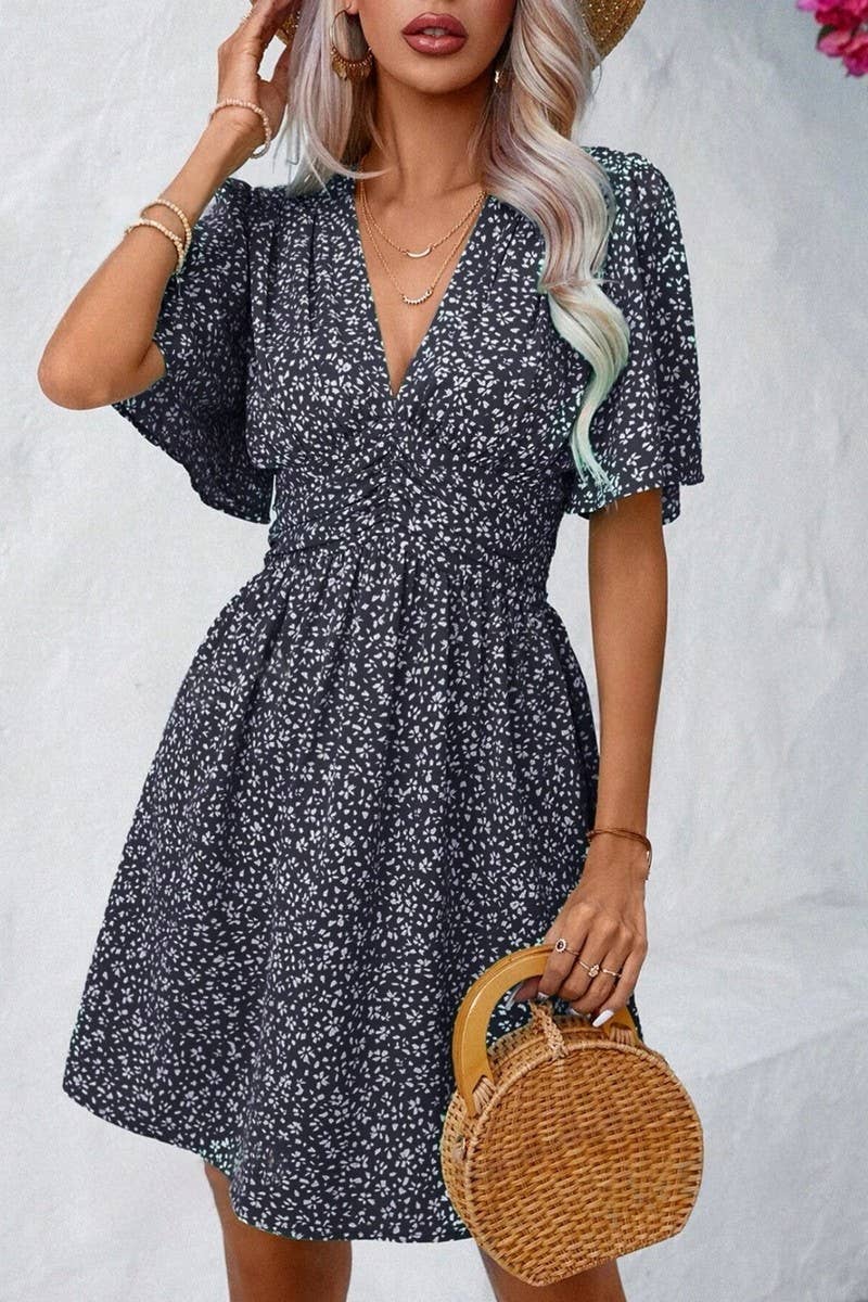 CWDSD8398_DEEP V RUFFLE SLEEVE FLORAL RUCHED VACATION DRESS