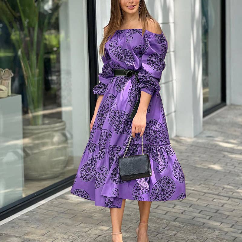 Long-sleeved printed one-shoulder dress