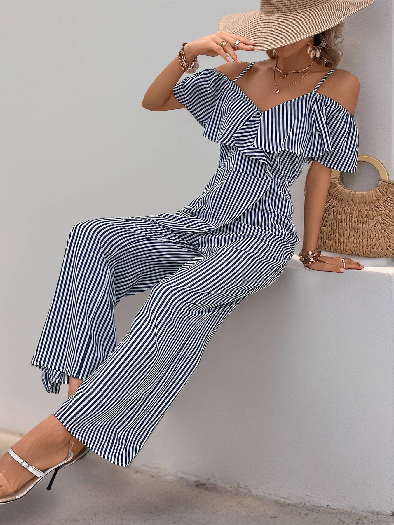 Long, wide-leg rompers with striped straps