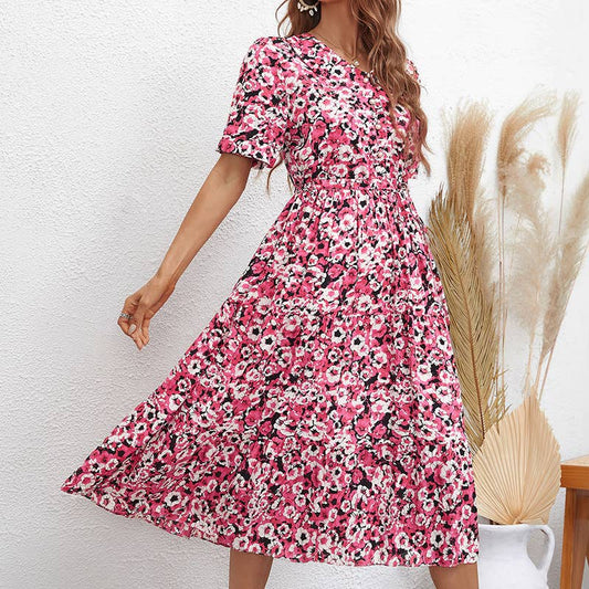 LAPEL WAIST FLORAL PRINT MID-LENGTH SWING DRESS
