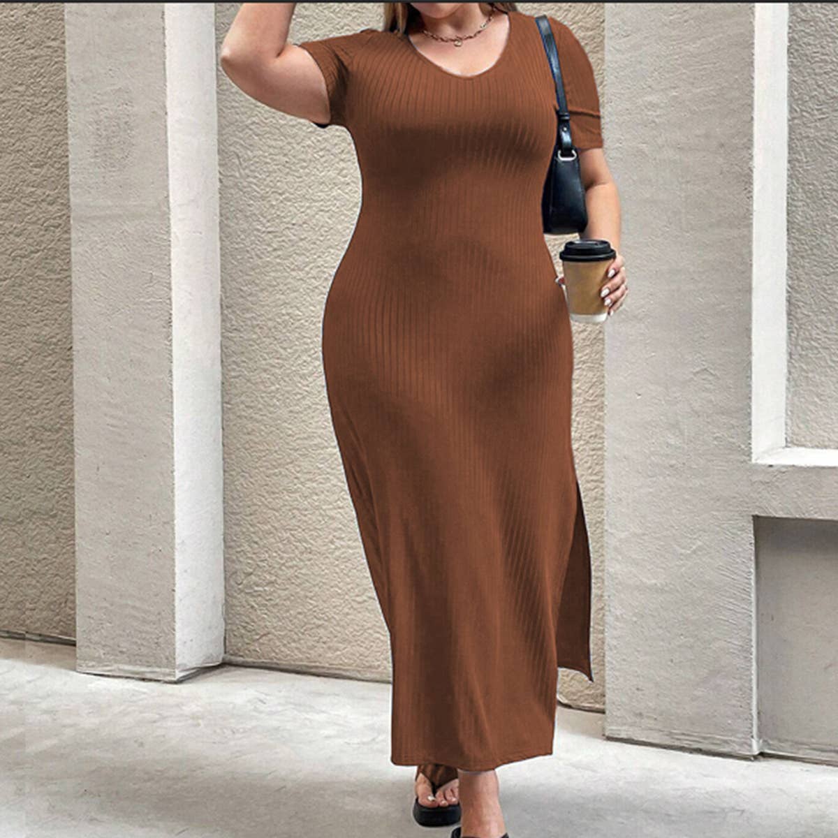 Elegant Waist-Slit Short Sleeve Bodycon Dress