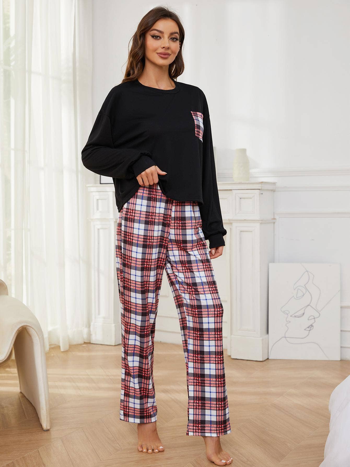 TWO-PIECE PLAID PRINTED TROUSERS LOUNGEWEAR