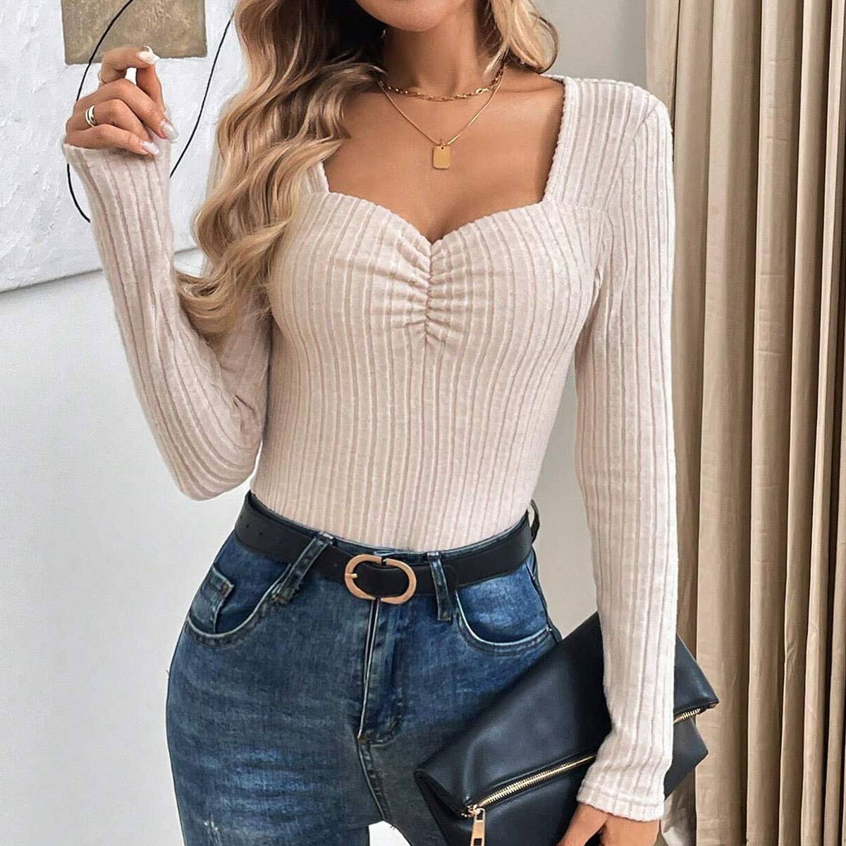 ELEGANT STYLE PLEATED SLIM KNIT BASE T-SHIRT