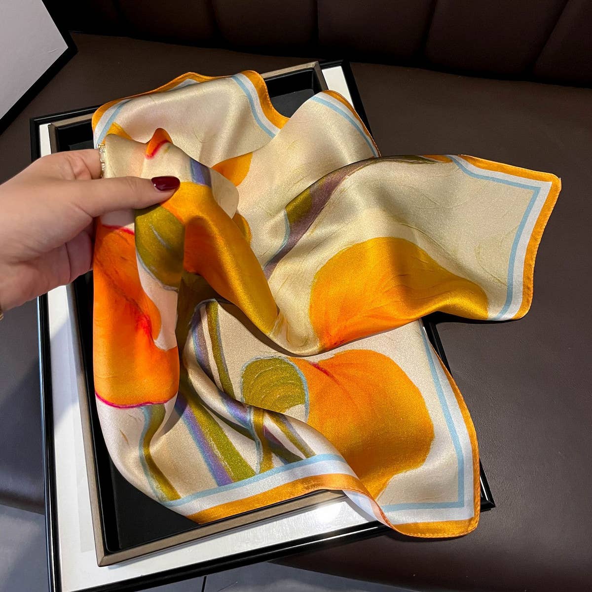 Silk Ribbon Scarf - Orange Floral Long Neck Wrap