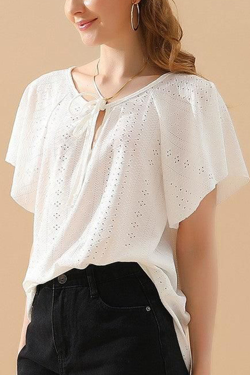 V NECK PUNCHING LACE UP RUFFLE LOOSE TOP
