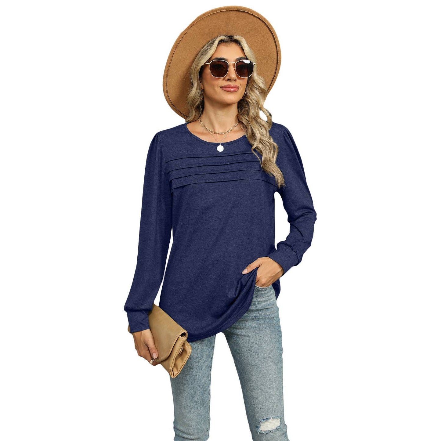 SOLID COLOR U-NECK PLEATED LONG SLEEVE TOP