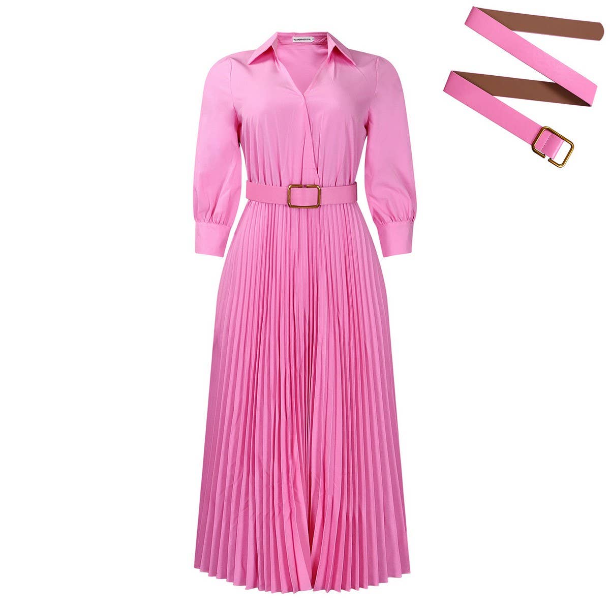 ELEGANT LAPEL SOLID COLOR WIDE HEM PLEATED DRESS