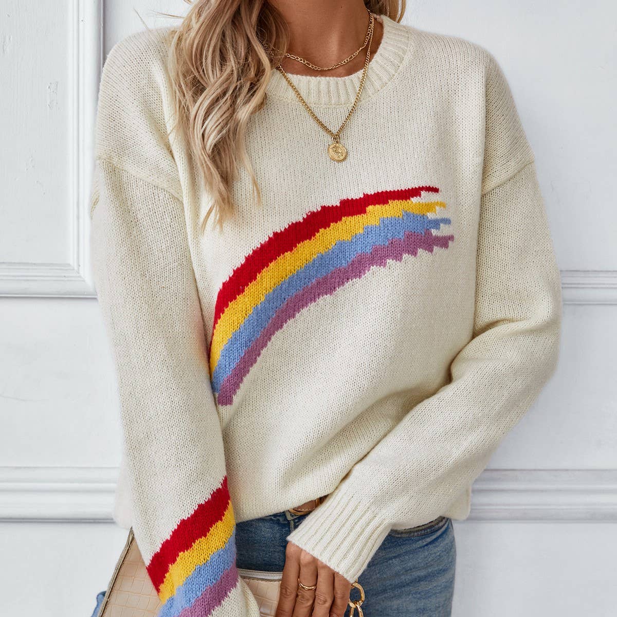 Stylish rainbow striped jacquard knitwear