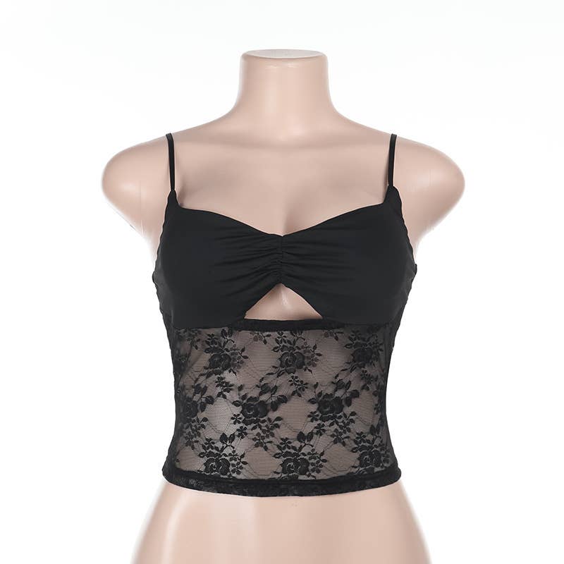 Sexy perforated lace patchwork top