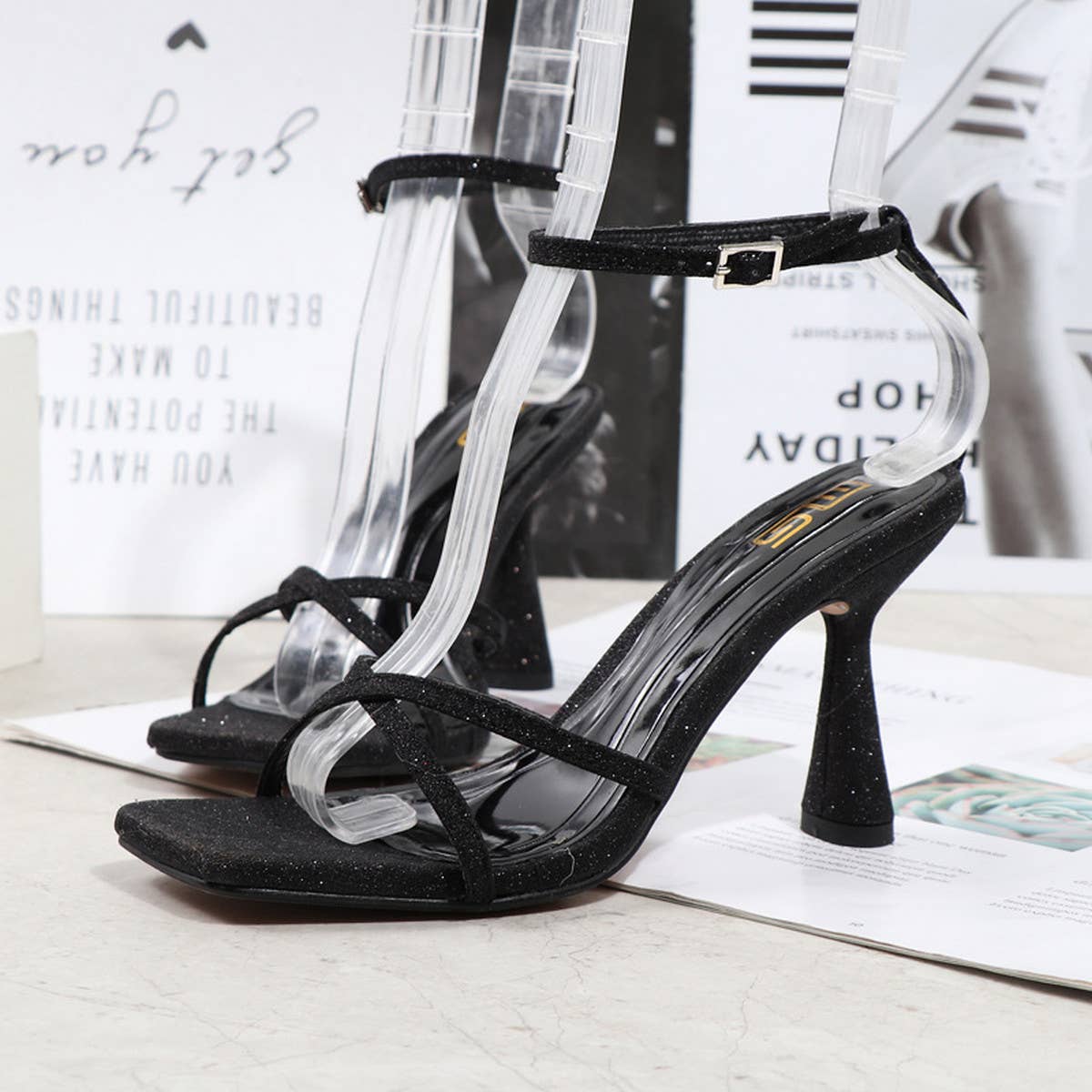 CROSS STRAP SEQUIN STILETTO SANDALS