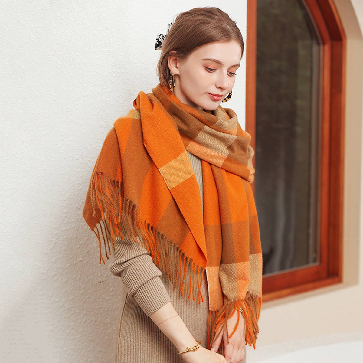 Plaid Faux Cashmere Scarf - Thick Warm Neck Wrap_CWASC0242