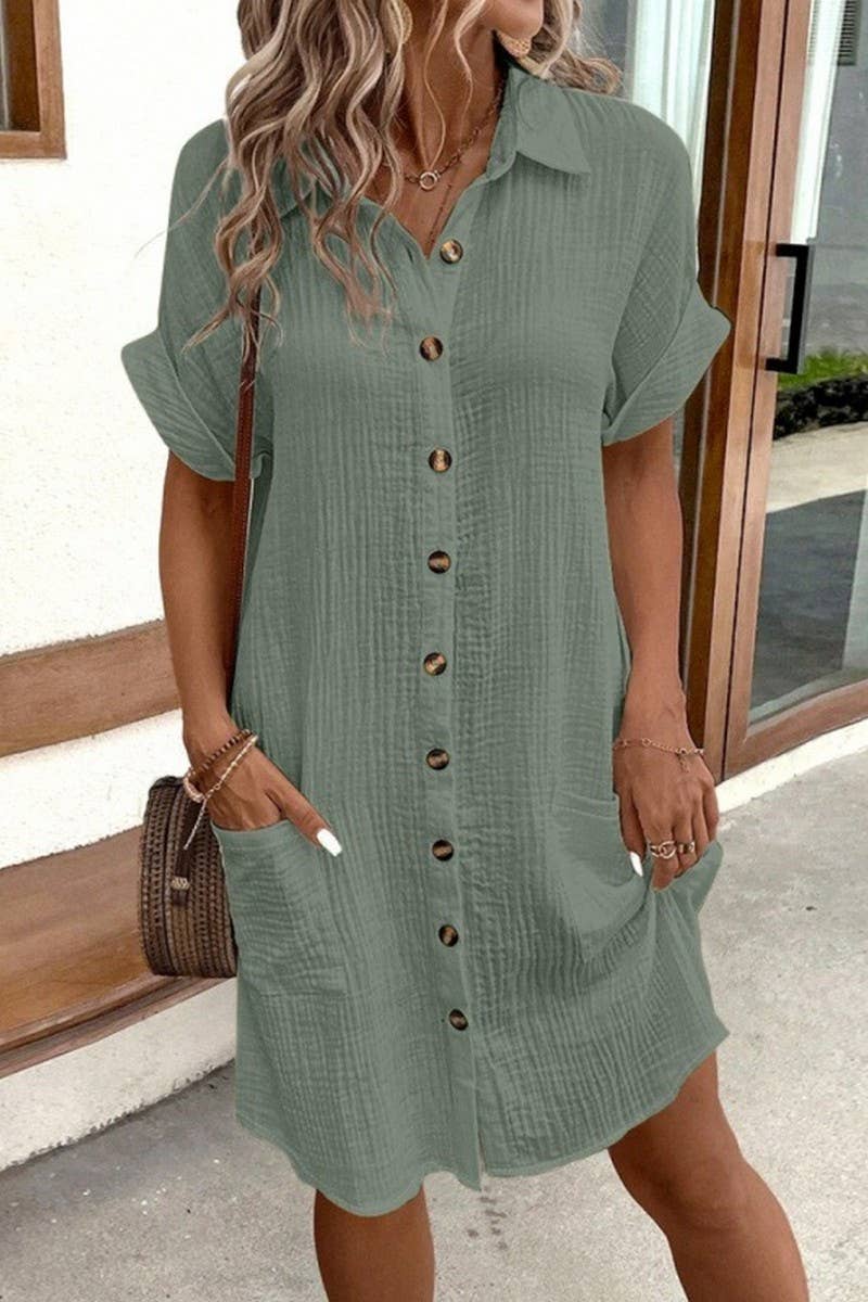 CWDSD10629_WOMEN'S SIMPLE V-NECK BUTTON SHIRT DRESS