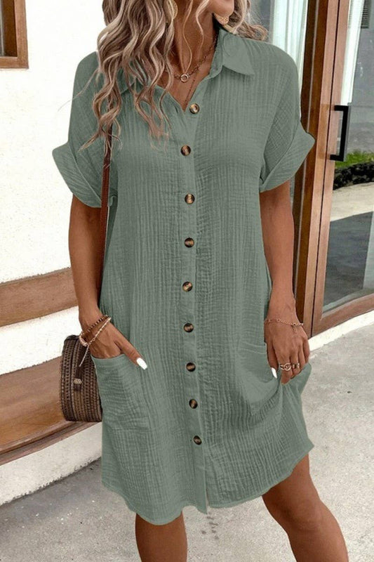CWDSD10629_WOMEN'S SIMPLE V-NECK BUTTON SHIRT DRESS