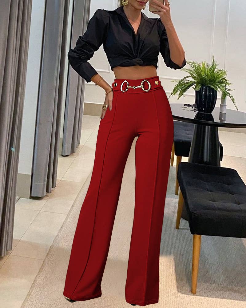 HIGH-WAISTED METAL BELTS STRAIGHT-LEG PANTS