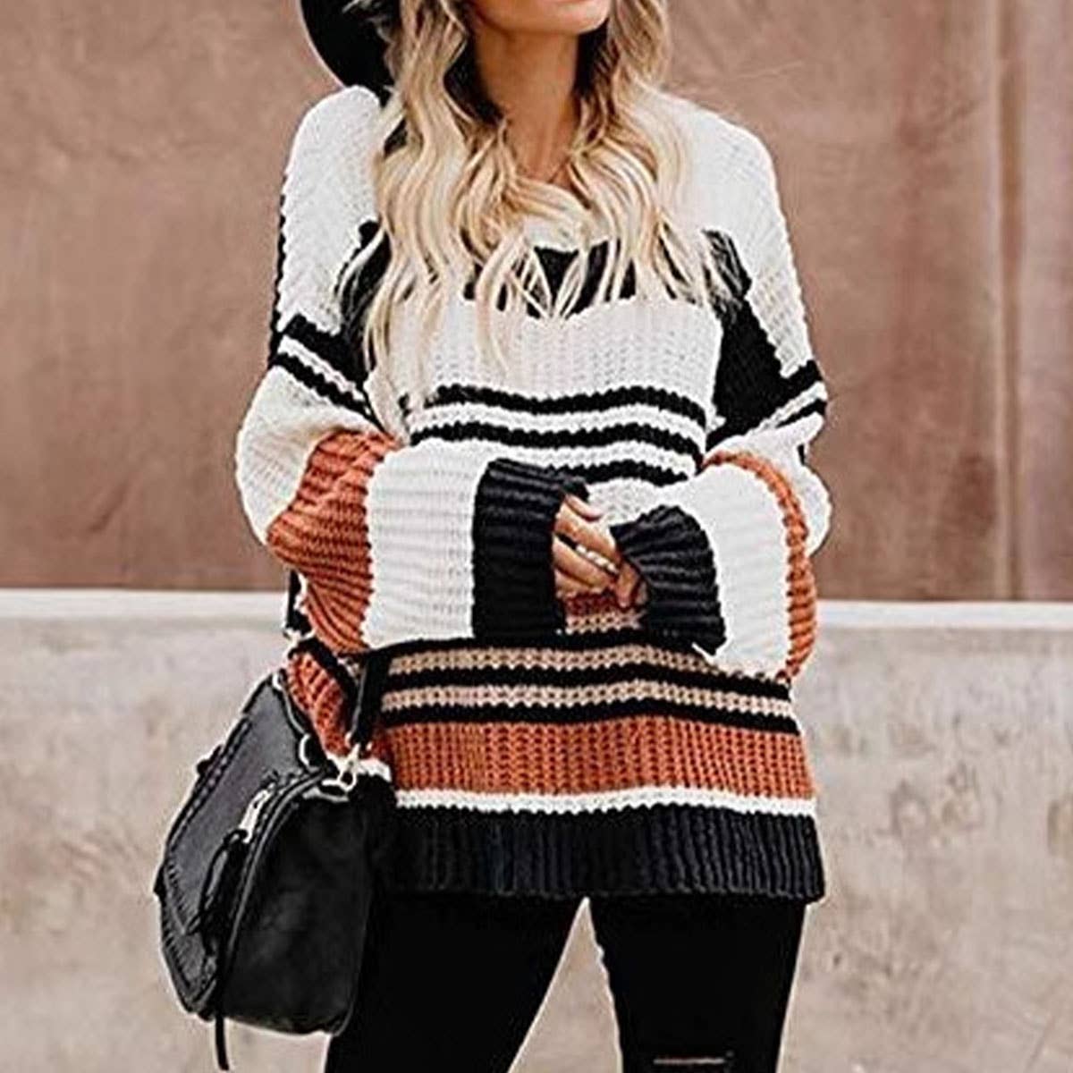 STRIPED COLOR CONTRAST KNIT CASUAL LOOSE SWEATER