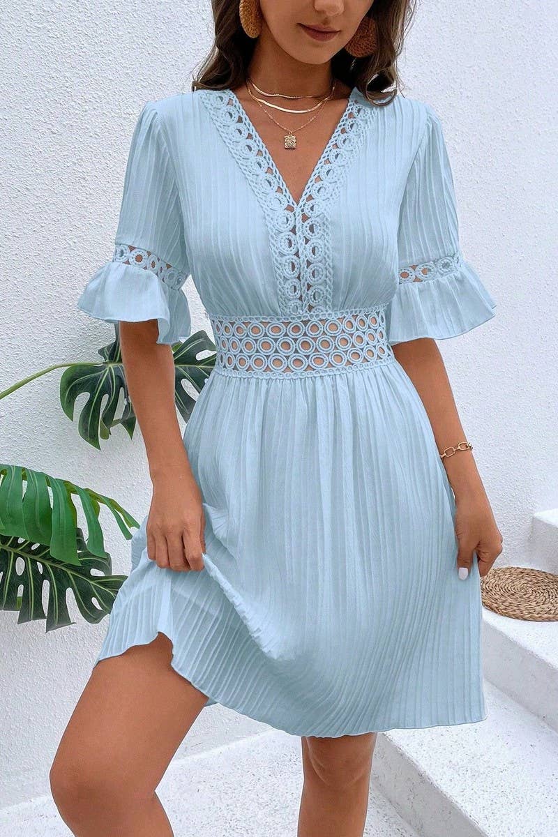 CWDSD7521_SUMMER LACE STYLISH WAIST SOLID COLOR DRESS