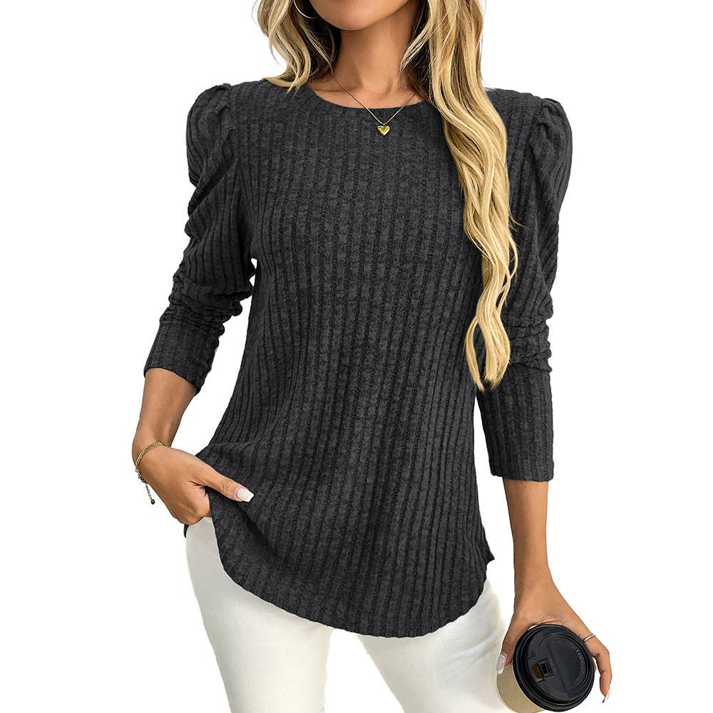 Round-neck puffed-sleeve brushed striped T-shirt