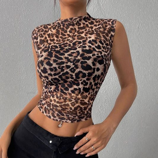 Sleeveless leopard print stand-up collar T-shirt