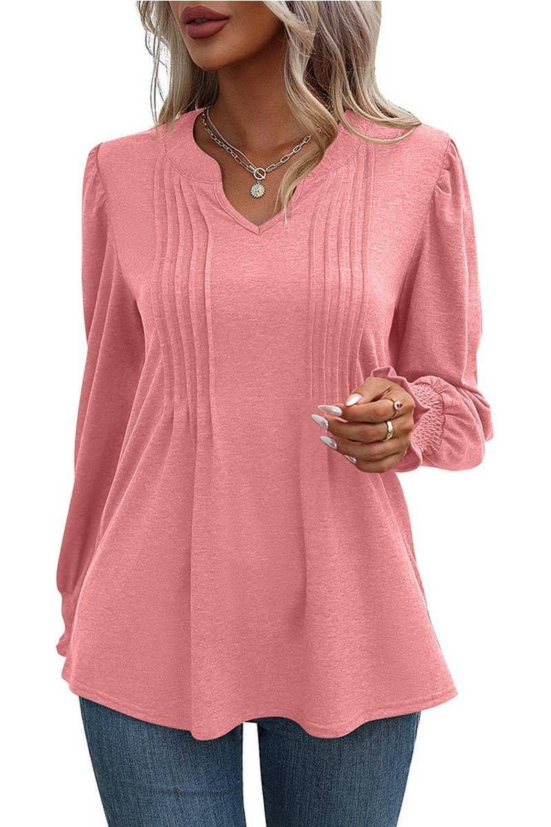 CWOSWL07637_SOLID V NECK PUFF SLEEVE RUCHED LONG SLEEVE TOP
