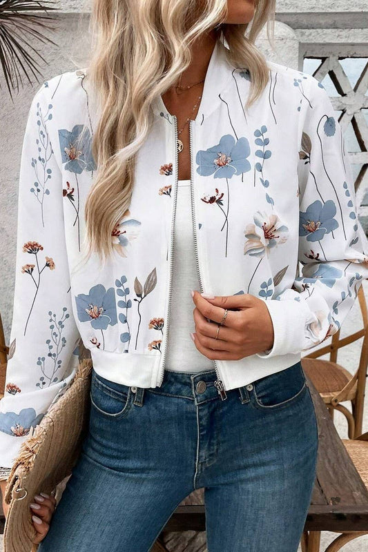 CWOCO1135_FLORAL PRINT LONG SLEEVE CROPPED ZIP-UP JACKET