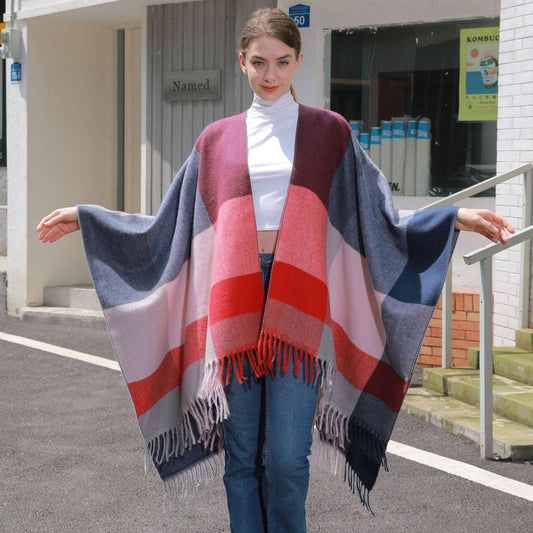 SIMPLE TASSEL MULTI-COLOR LARGE PLAID SHAWL_CWASC0942