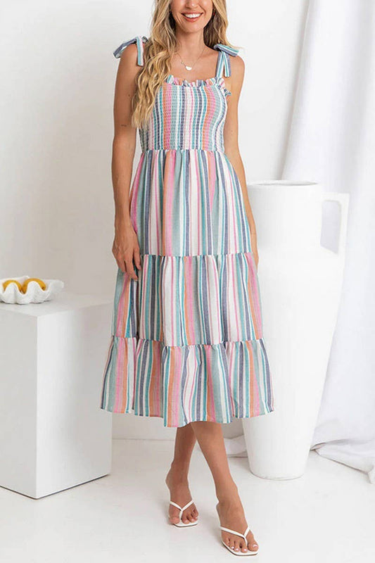 CWDMD5325_RAINBOW STRIPED TIE BACK SPAGHETTI STRAP DRESS