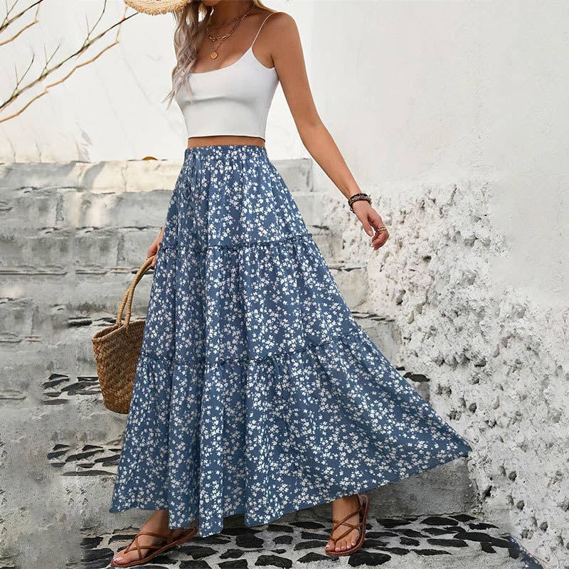 Small floral belt three-layer splicing long skirt