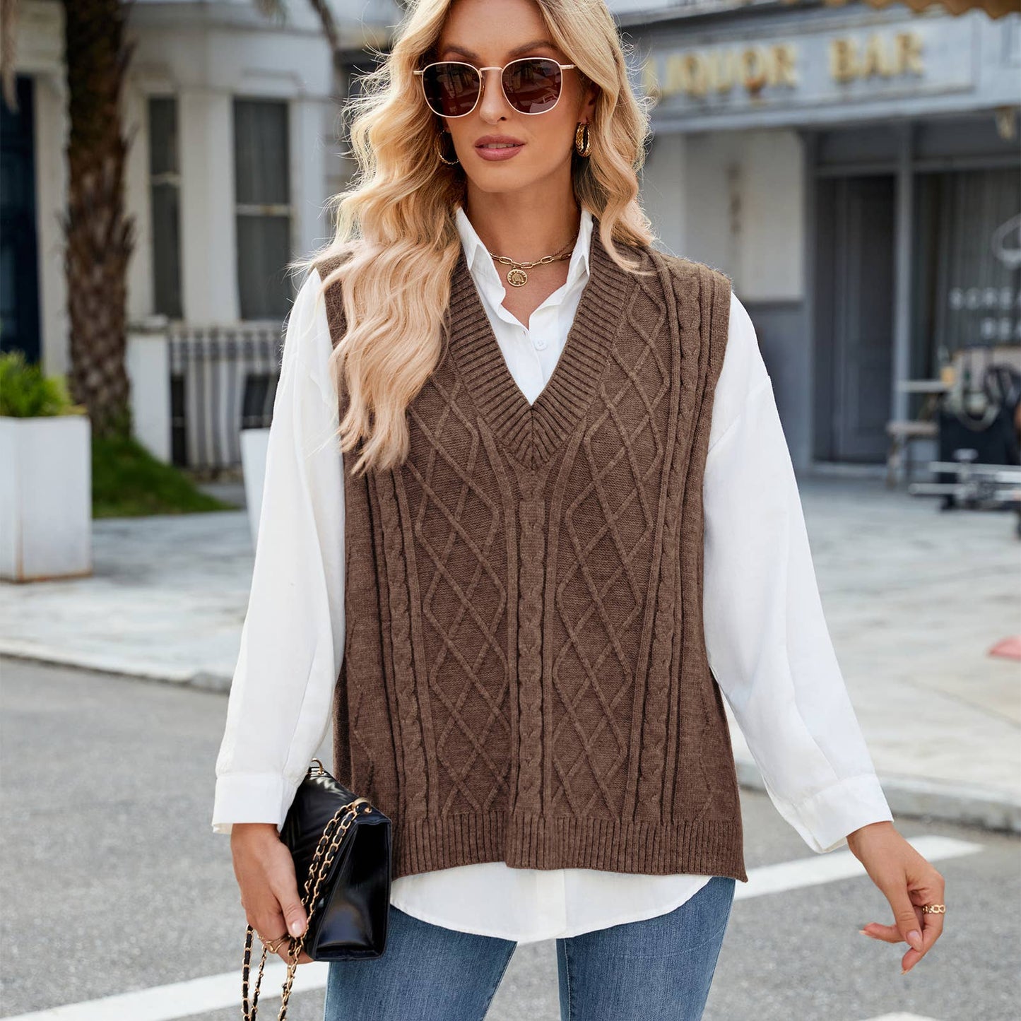 V-NECK LOOSE OUTSIDE VEST SOLID COLOR VEST