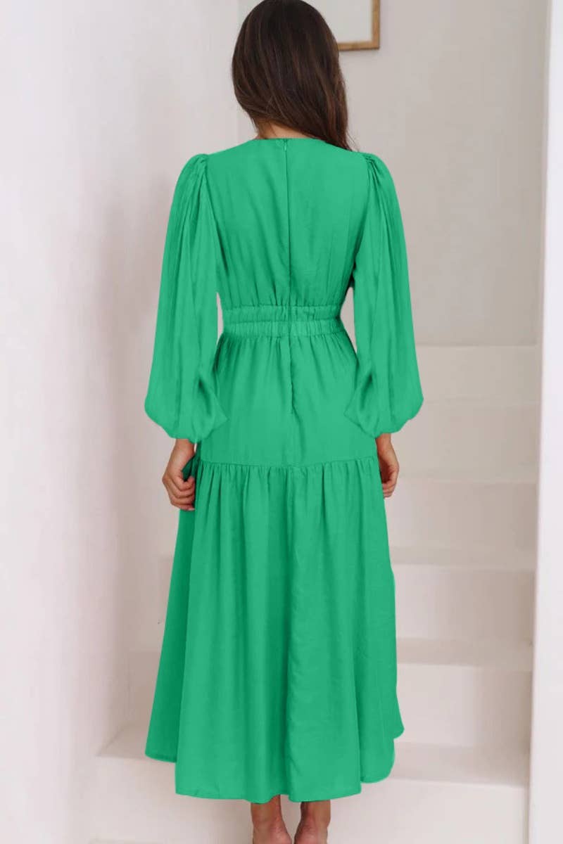 CWDMD4036_AUTUMN V-NECK LONG SLEEVE WAIST DRESS LONG STYLE