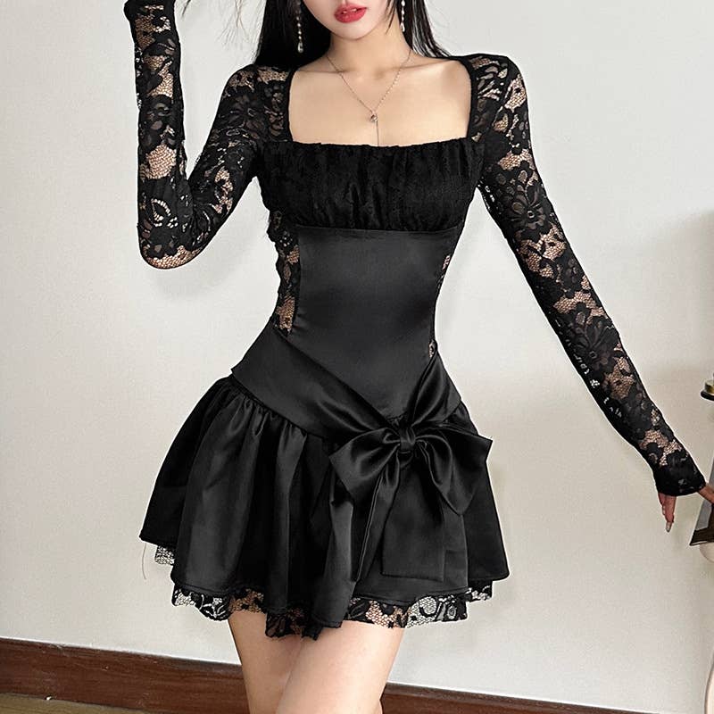 LACE PATCHWORK PLEATED BOW SQUARE COLLAR DRESS