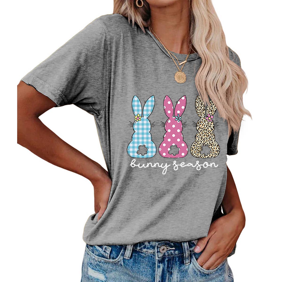 EASTER ROUND NECK LOOSE BUNNY PRINT T SHIRT_CWTTS0856